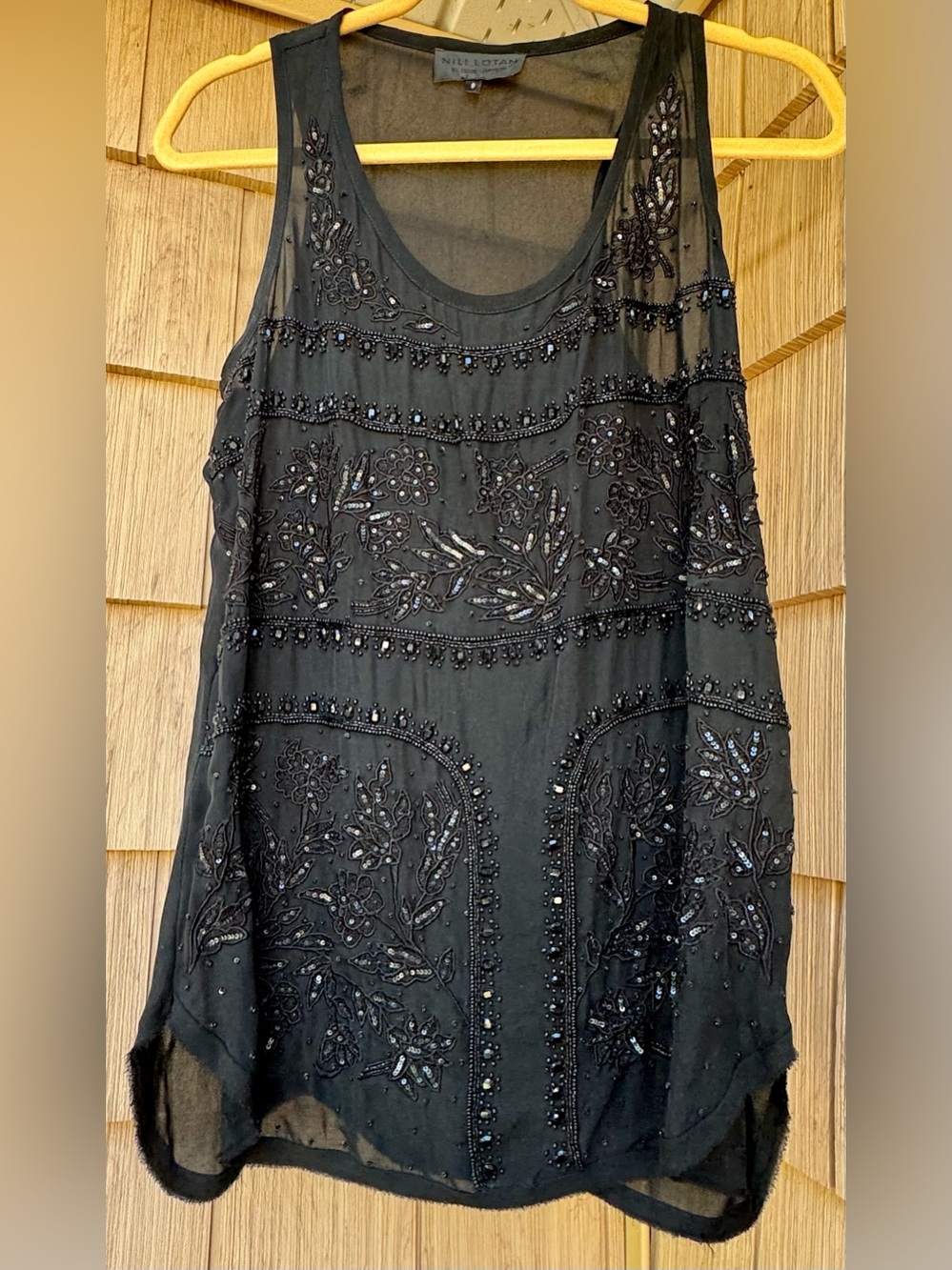 Nili Lotan Embellished Black Semi-Sheer Beaded Sleeveless Tunic Top, Size S